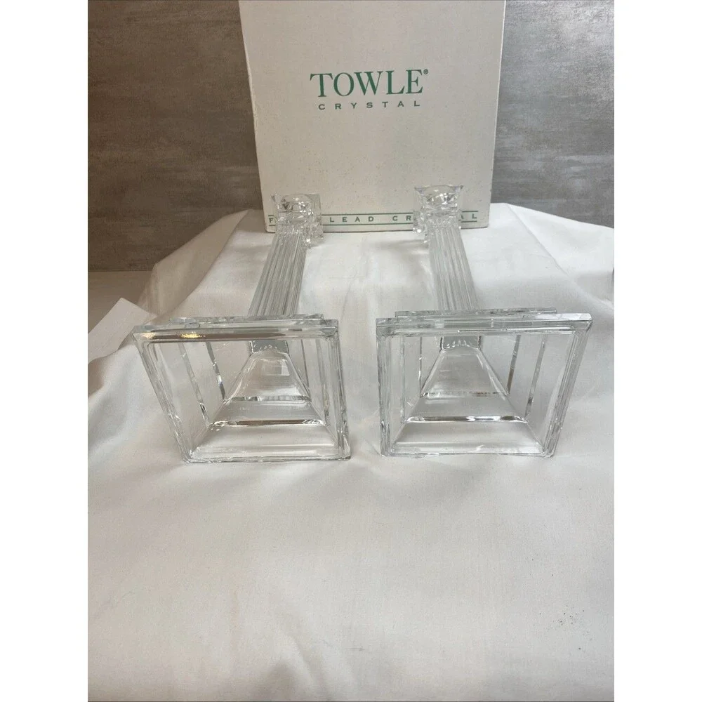 Towle Crystal 10” Georgian Candlestick Holders Pillar Style New In Box